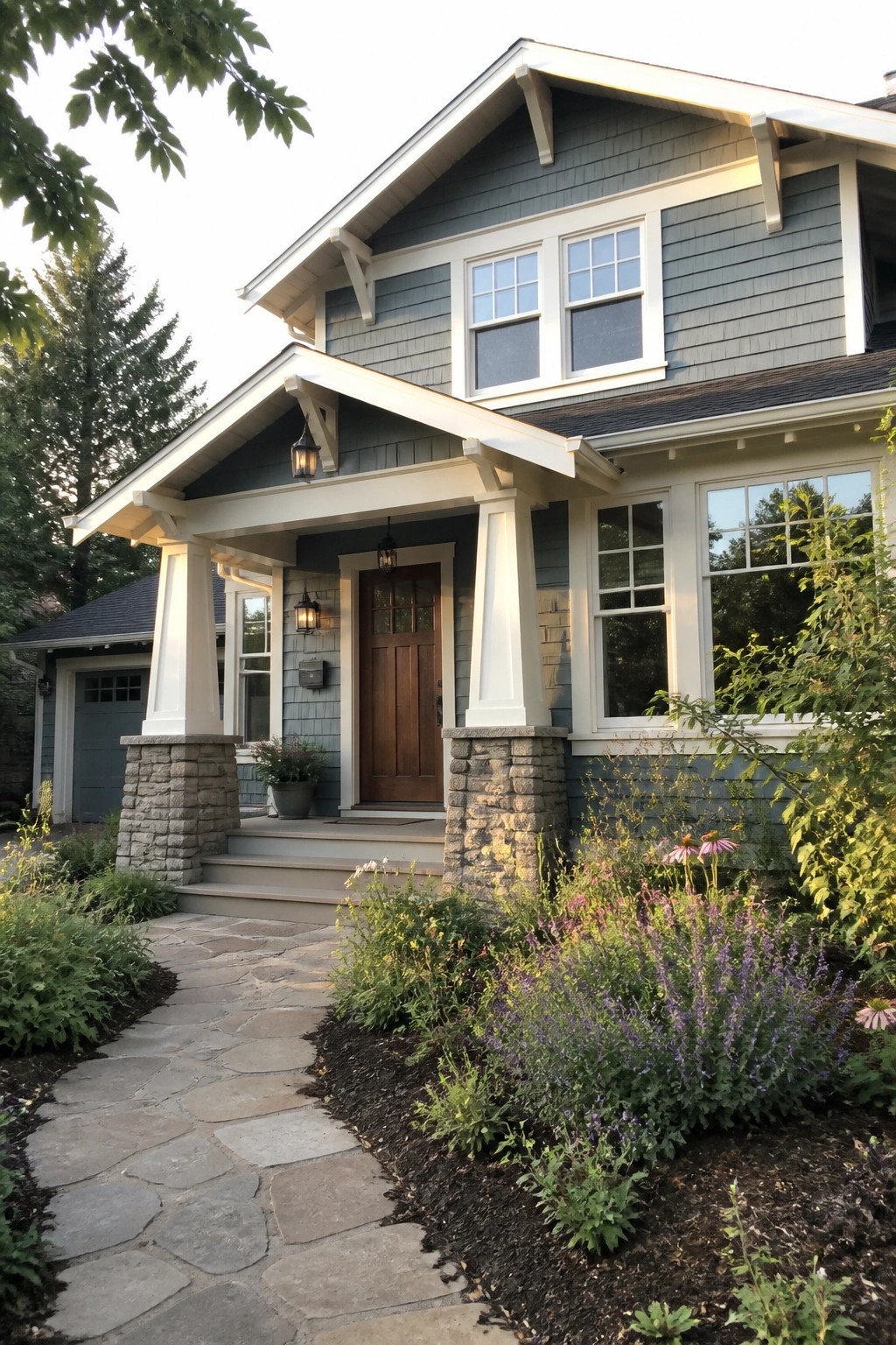 Craftsman house exterior with blue-gray siding and stone porch columns.