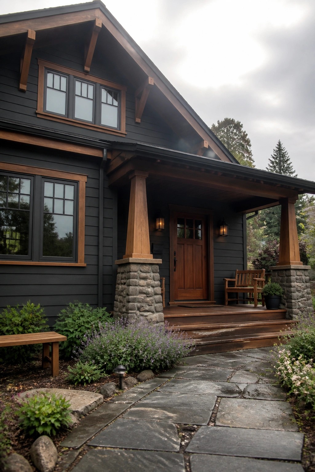 Dark charcoal gray siding on a Craftsman house with wood trim and stone porch columns.
