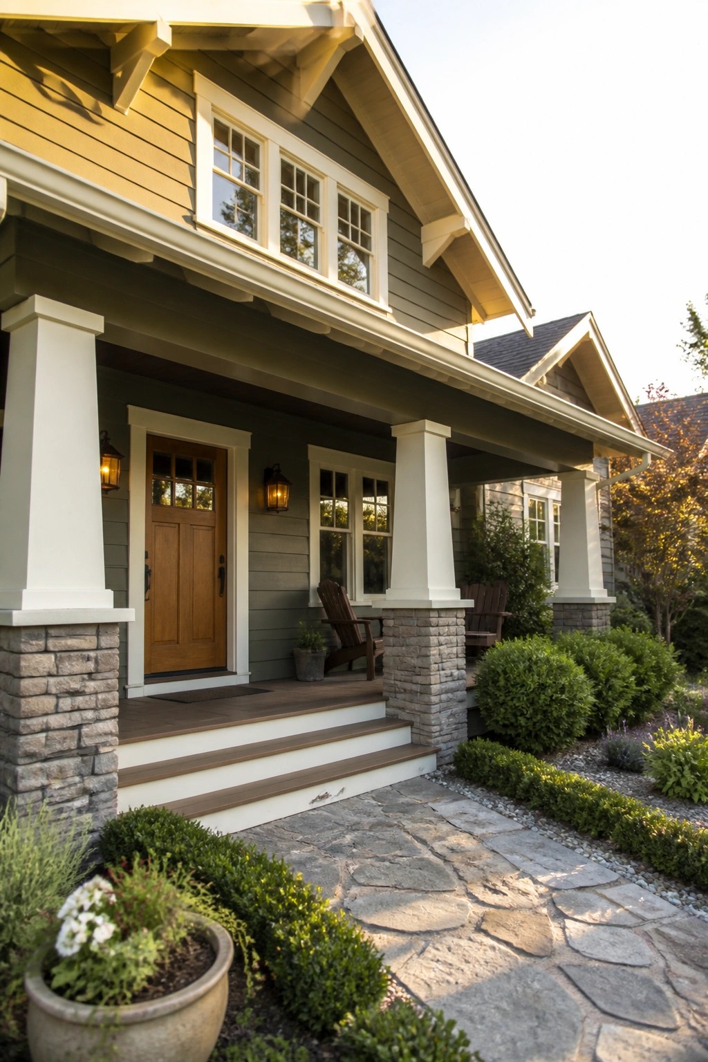 Craftsman house exterior with muted sage green siding, white trim, and stone columns.