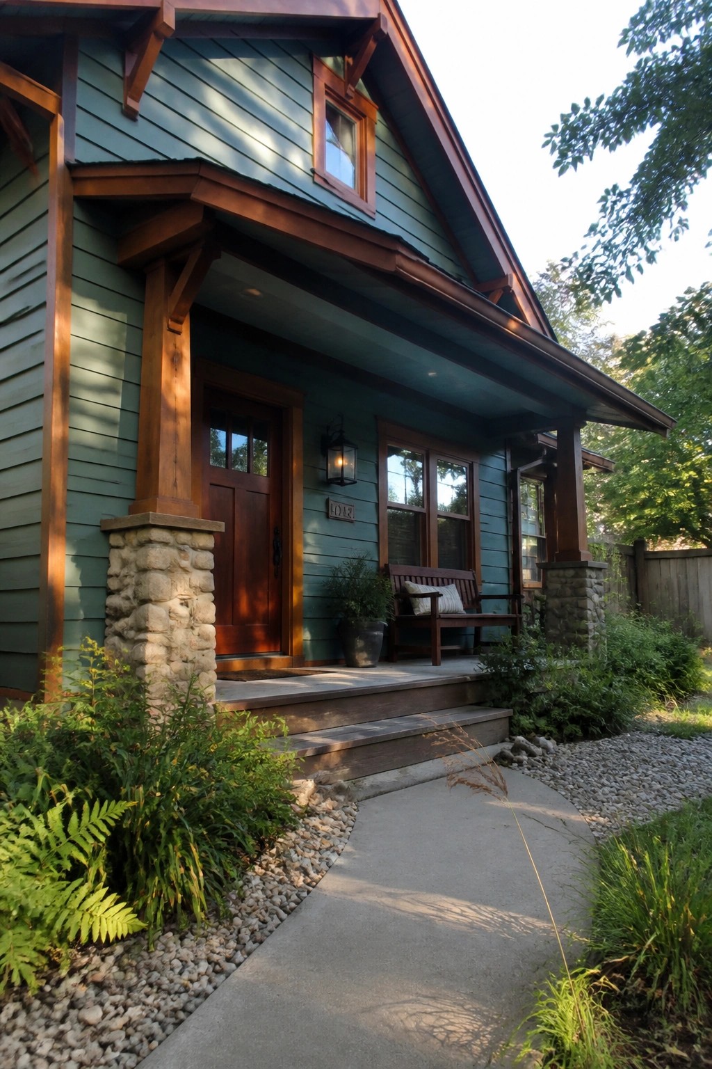 Muted teal Craftsman house siding with dark wood trim and stone pillars.