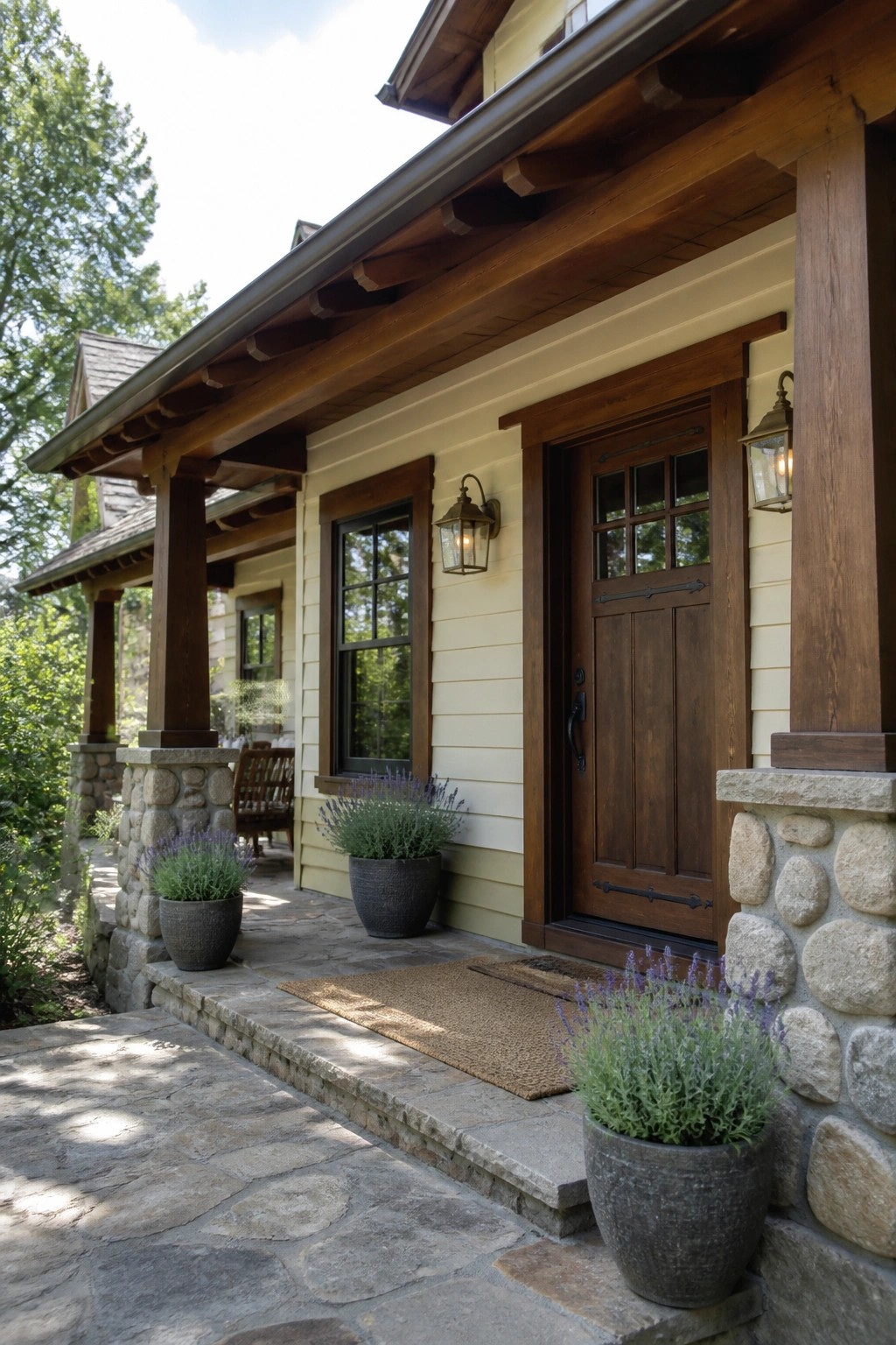 A Craftsman house exterior with creamy off-white siding and prominent dark wood trim.