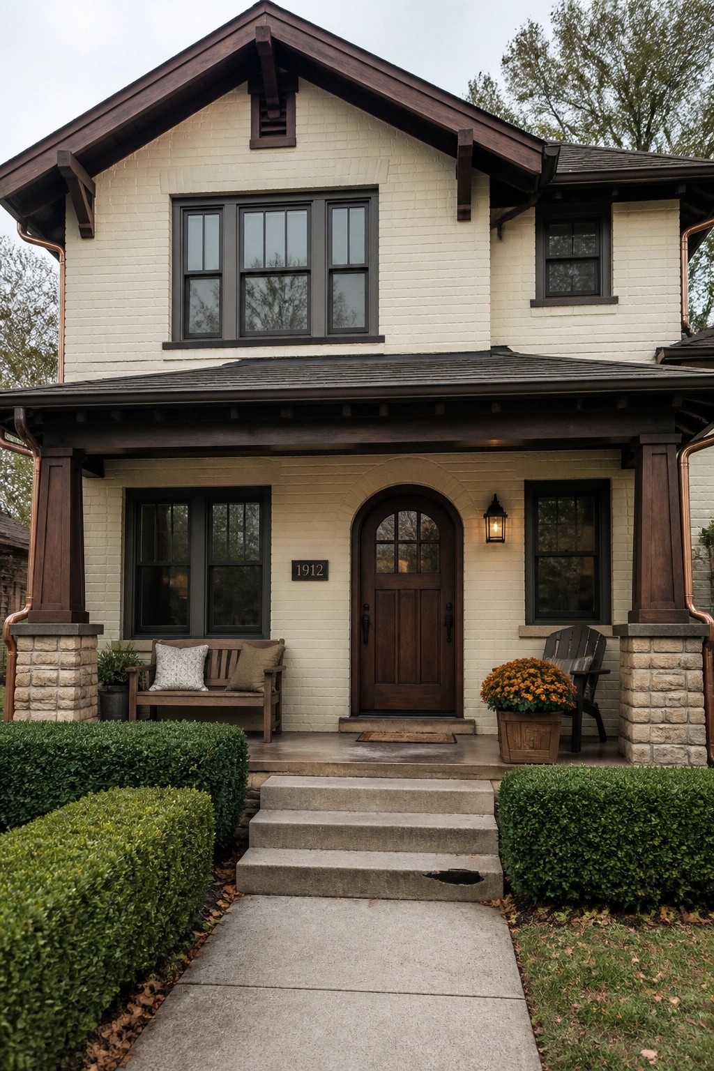 Craftsman house exterior painted in a warm off-white with dark wood trim and stone pillars.