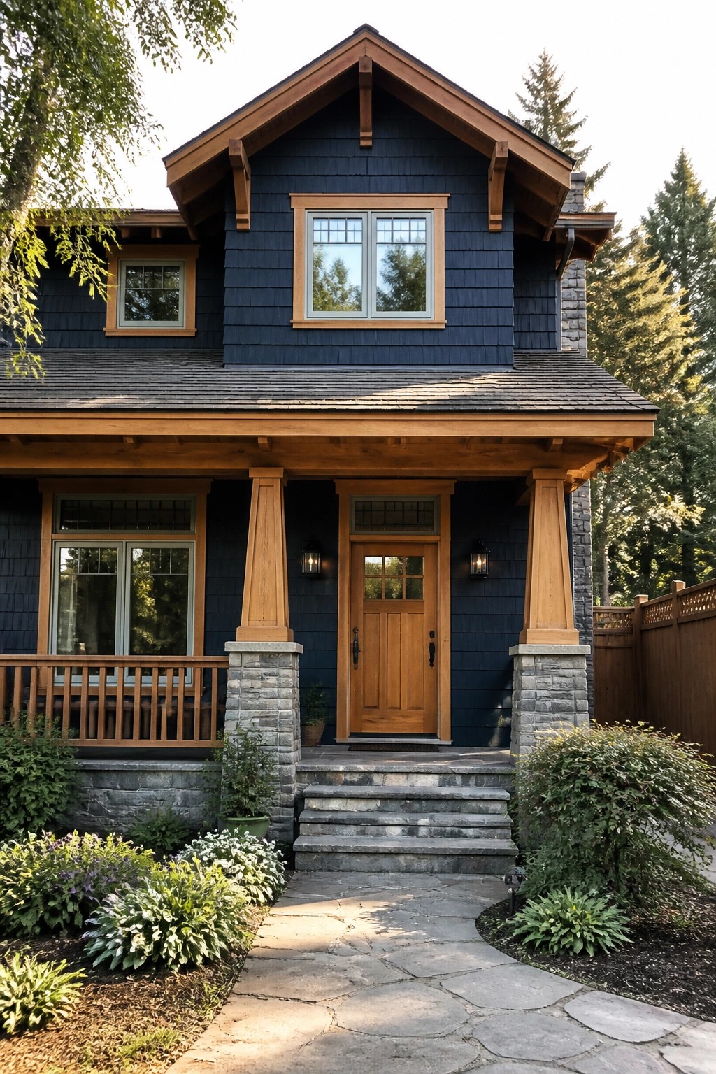 A Craftsman house exterior painted in deep navy blue siding with wood trim and stone accents.