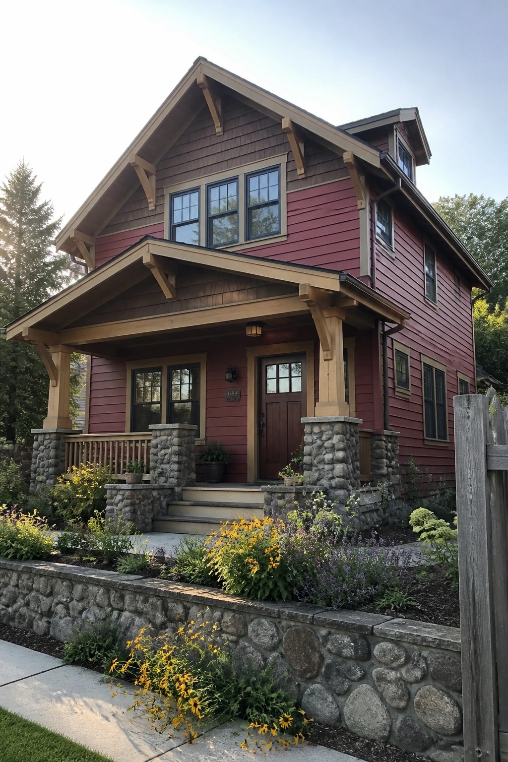 A Craftsman house with deep red siding, natural wood trim, and a stone foundation.