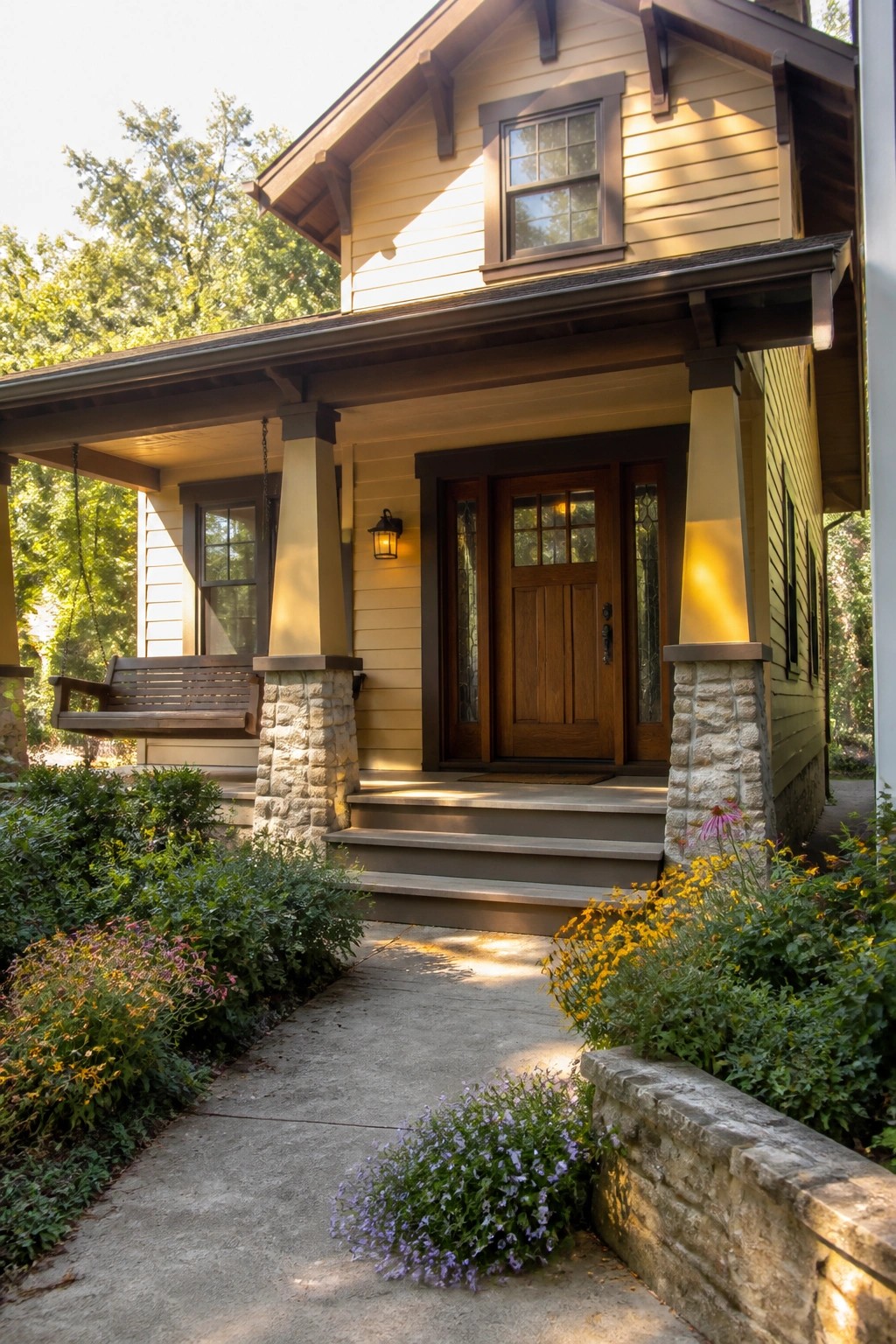 A Craftsman house with warm golden yellow siding and dark wood trim on the porch.