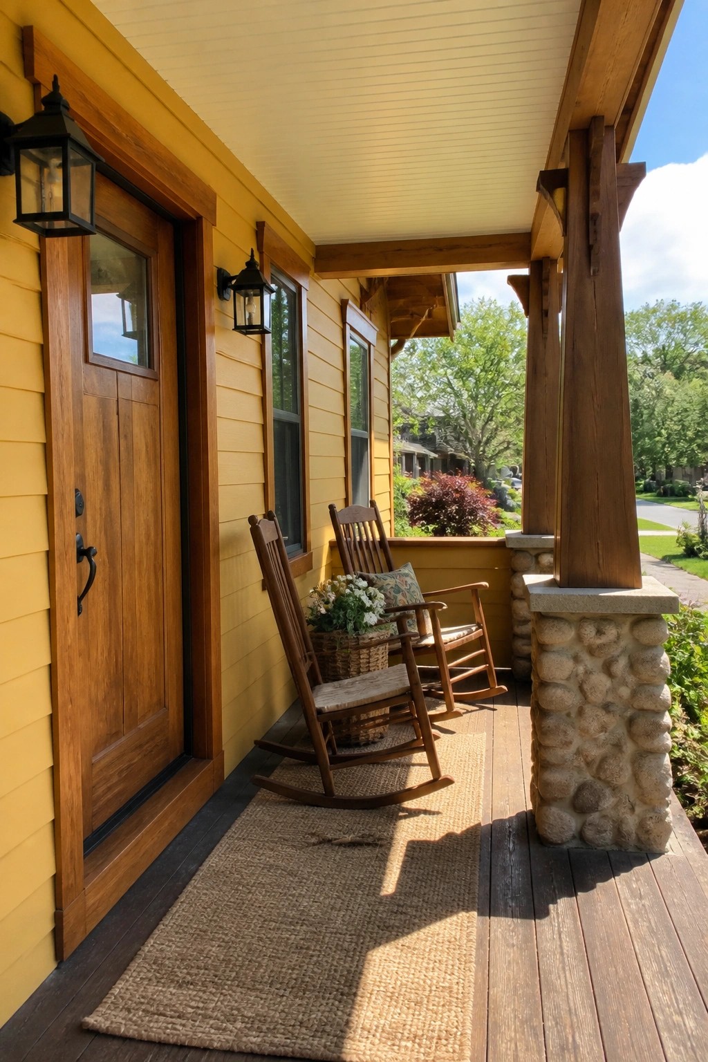 Two wooden rocking chairs on a woven rug on yellow house porch.