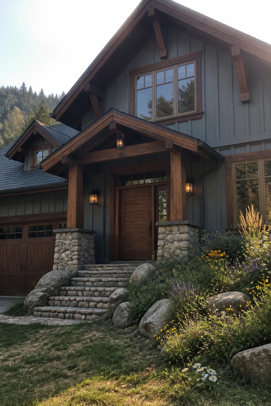 Muted sage green siding on a Craftsman house with dark wood trim and stone details.