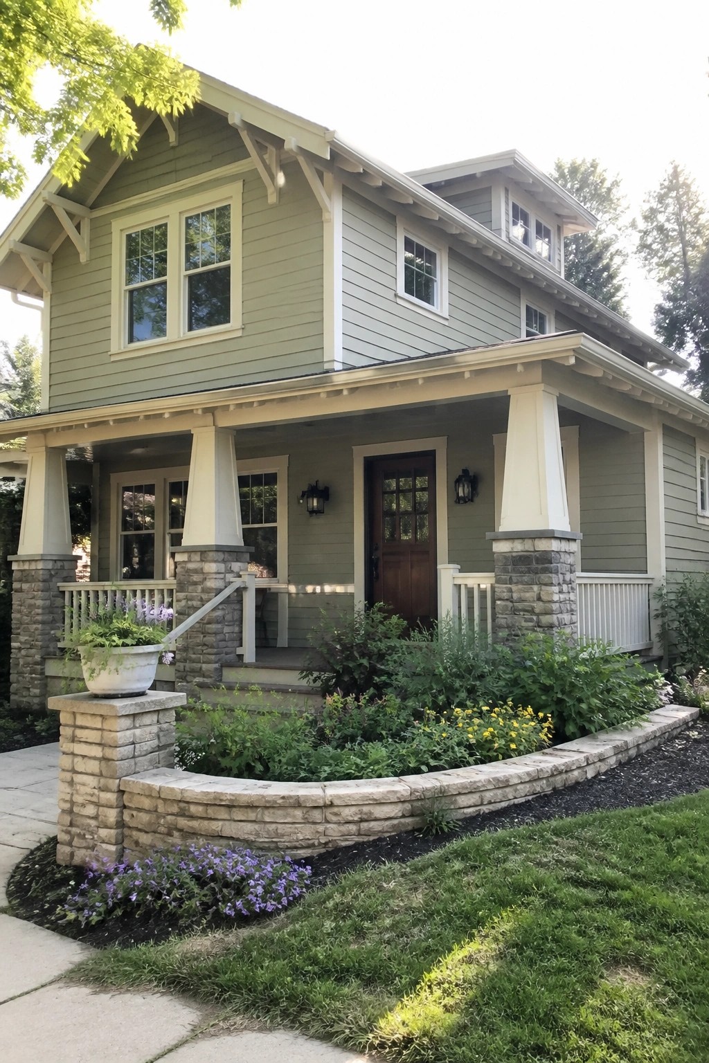 A Craftsman house exterior with muted sage green siding, stone porch columns, and cream trim.