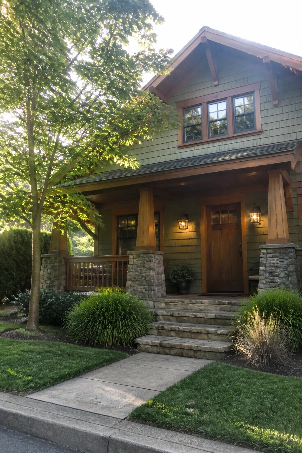 Craftsman house with green siding, wooden porch, stone steps and pillars.