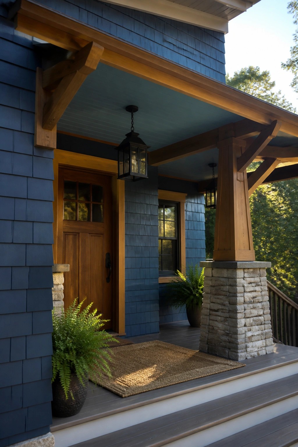 Craftsman home exterior with deep slate blue siding and prominent wood trim.