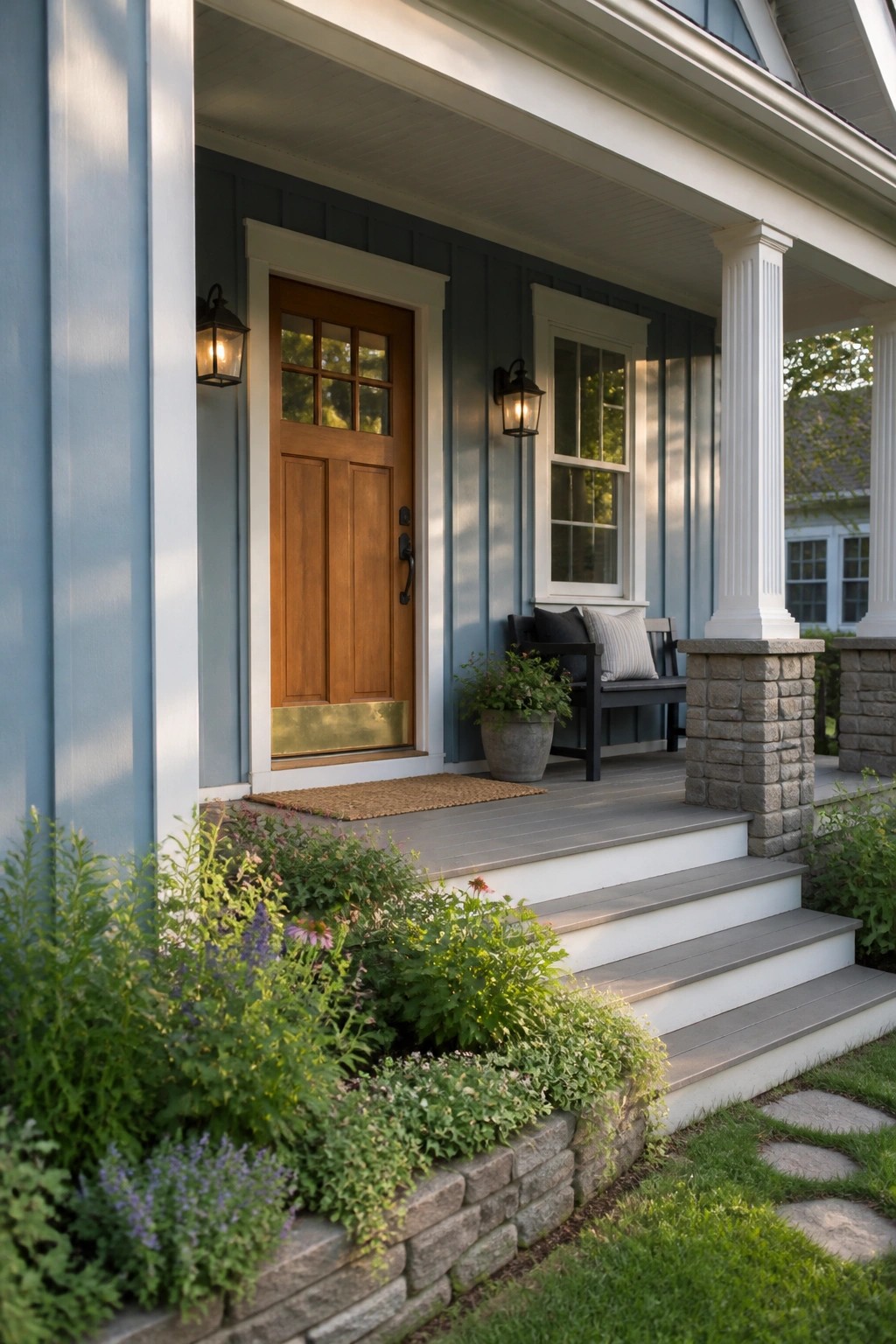 Blue house porch with wooden door, white columns, stone steps, and lush garden.