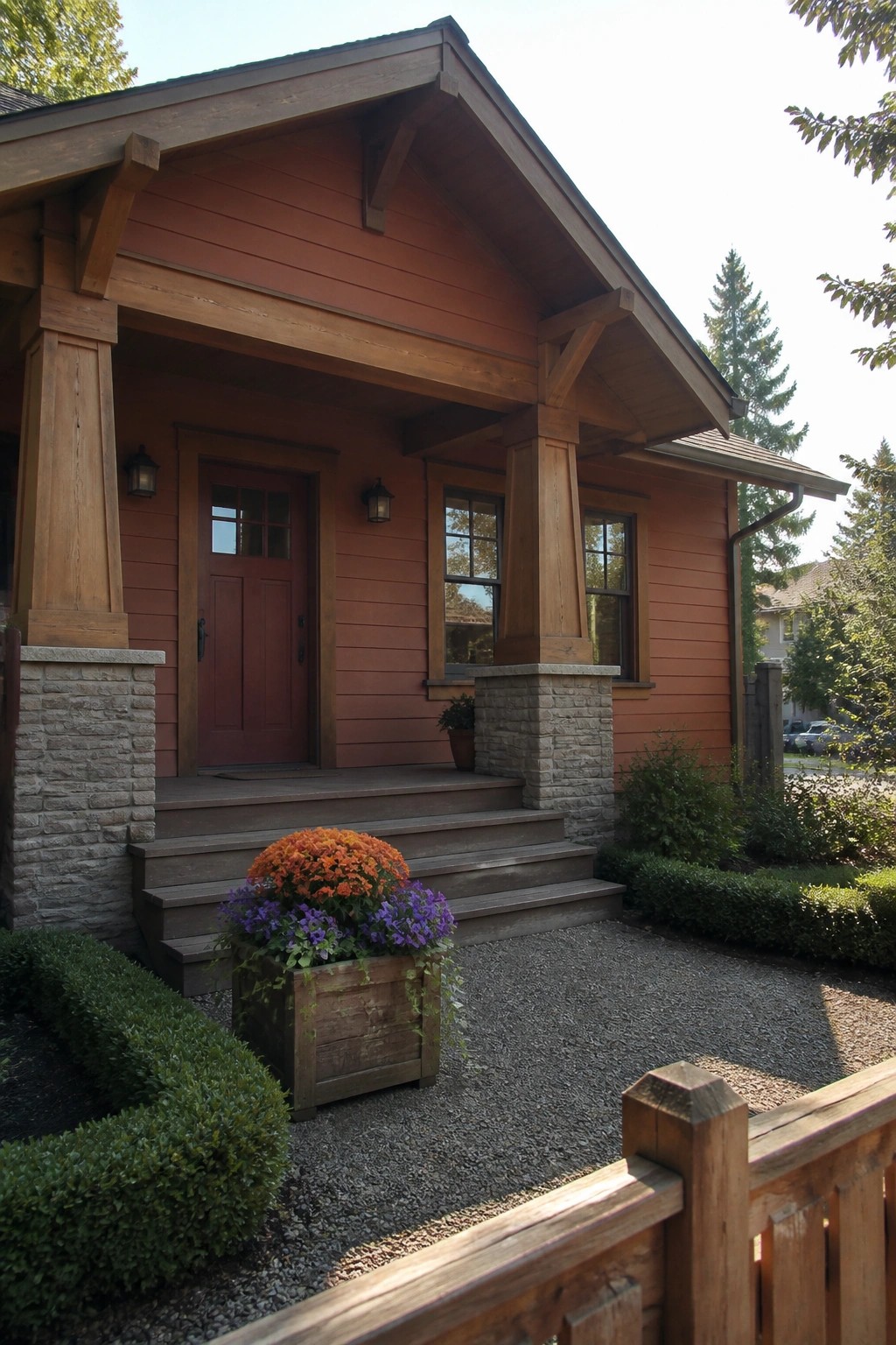 Warm terracotta red siding on a Craftsman house with wood trim and stone porch pillars.
