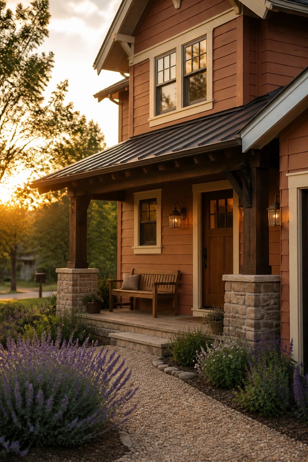 Warm terracotta brown siding on a Craftsman house with stone porch supports and dark wood trim.
