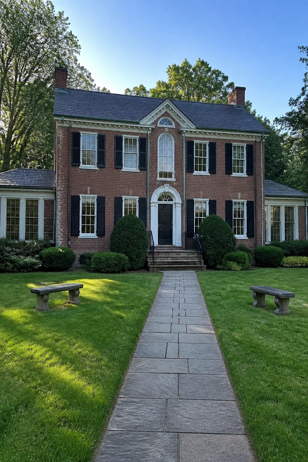 Red brick colonial house with black shutters, stone path across green lawn with benches