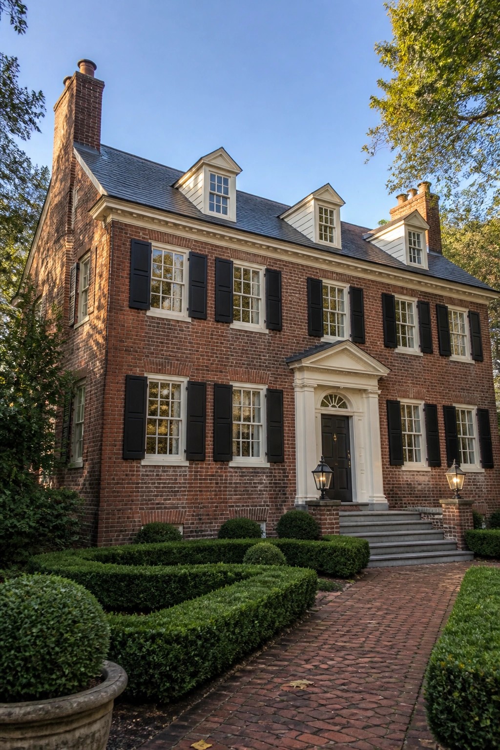 Red brick colonial house with black shutters, white portico, and manicured boxwood hedges