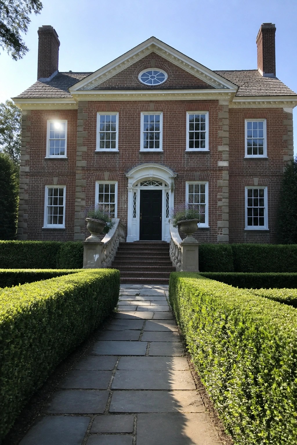 Red brick Georgian mansion with central white entrance, stone path through green hedges