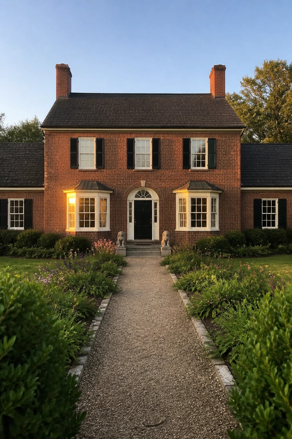 Red brick colonial house with central door, bay windows, and stone lions.