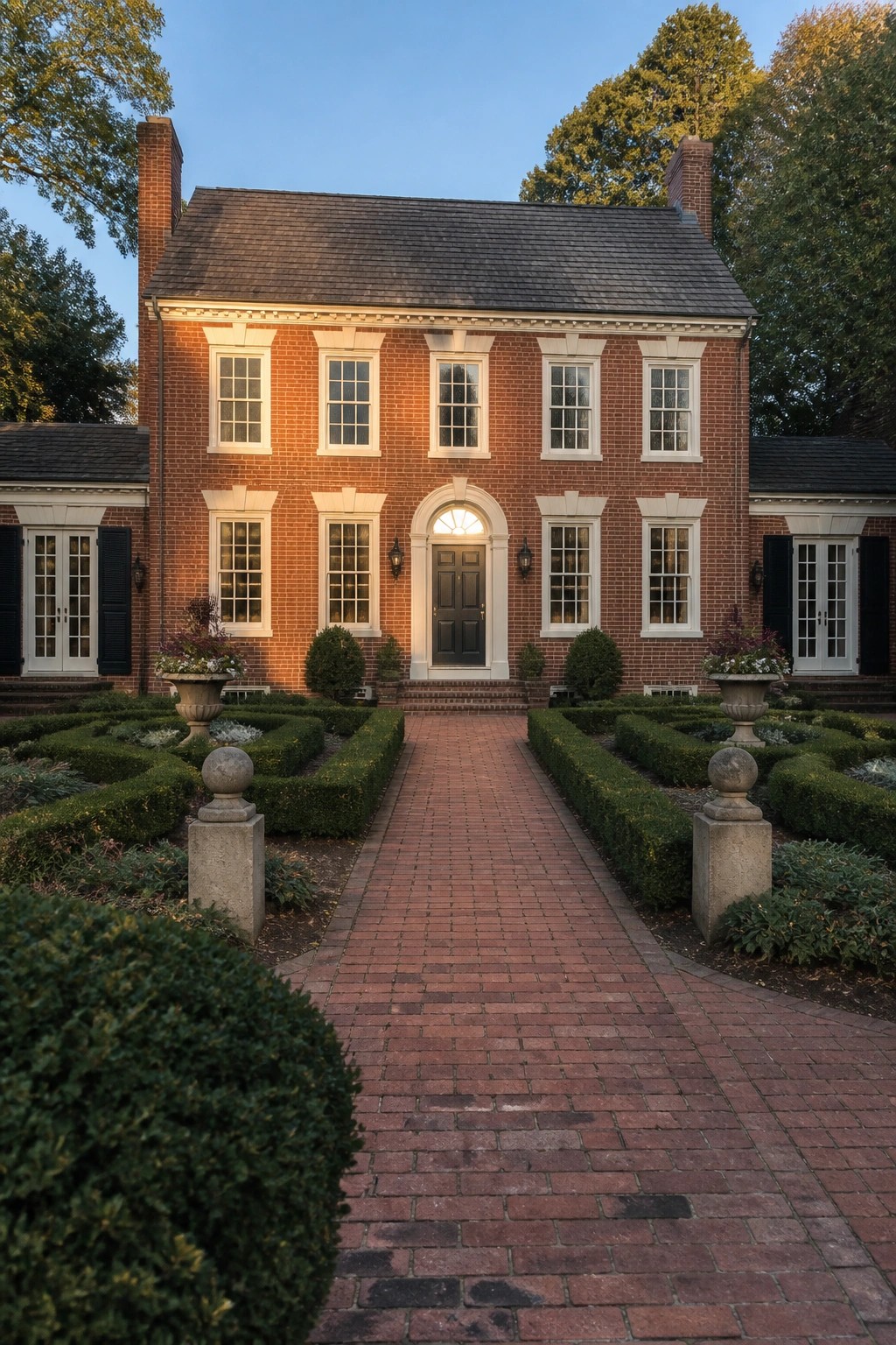 A symmetrical red brick colonial house with a centered dark door, evenly spaced white-trimmed windows on both floors, twin chimneys, and a straight brick path flanked by formal boxwood gardens.