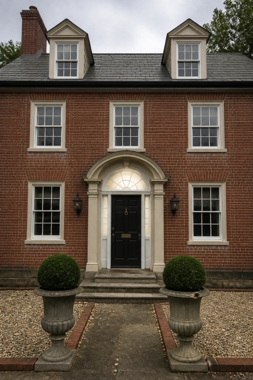 Front view of a red brick colonial house with a central black door under a white arched surround, evenly spaced windows on both sides, and two large planters flanking the steps.