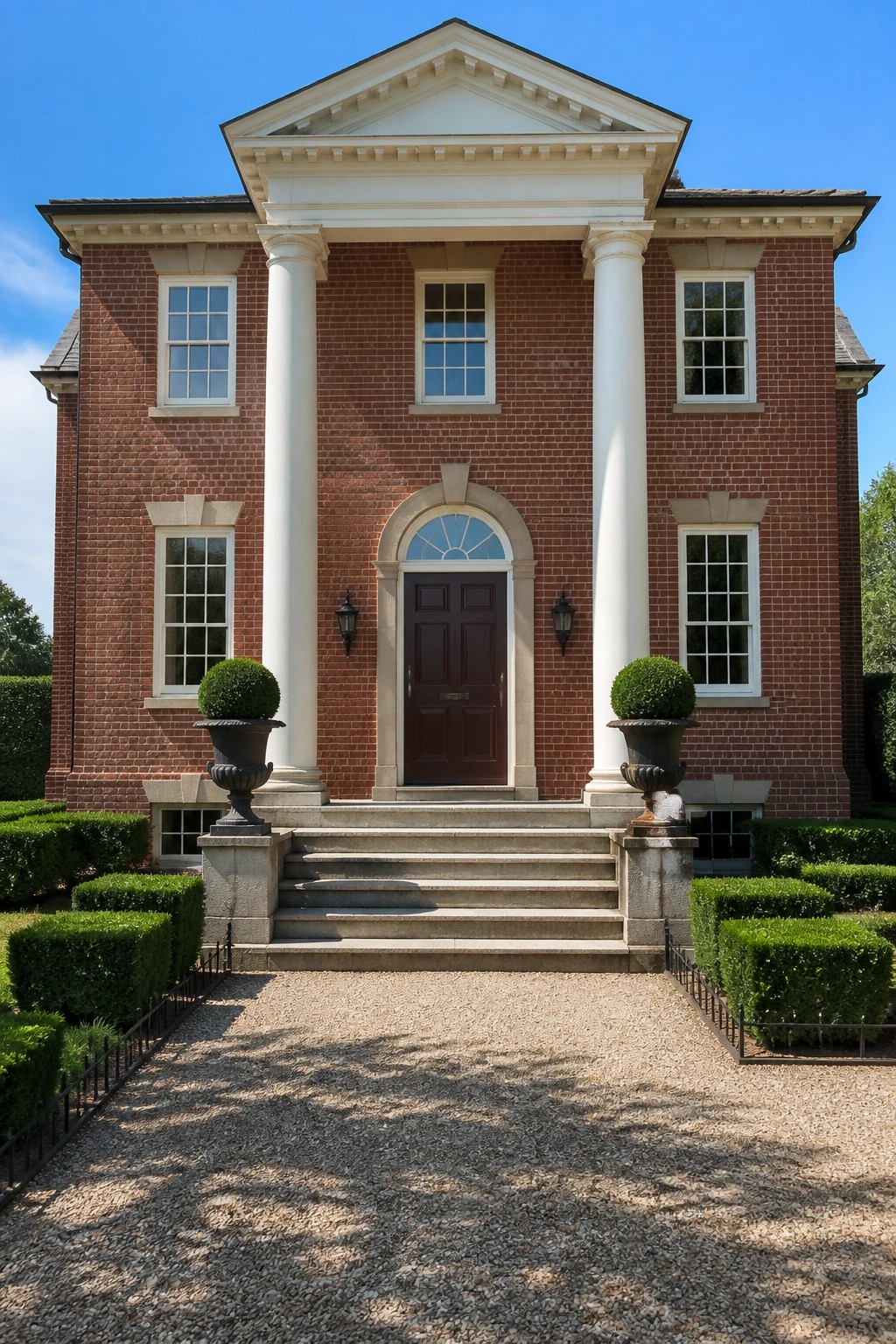 Red brick mansion with white columns, pediment, stone steps, and gravel forecourt.