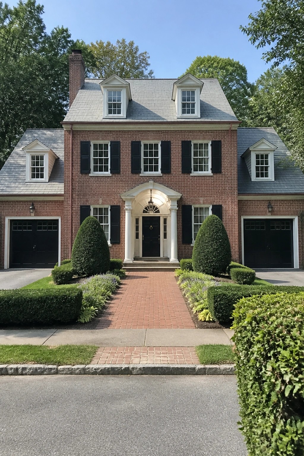 A red brick colonial house with a centered white portico, black door, and symmetrical windows and dormers across the facade.