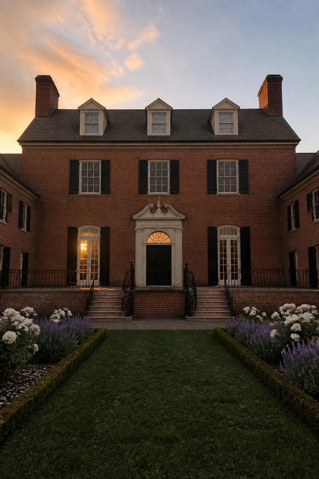 A symmetrical red brick colonial house with a centered front door under a white pediment, evenly spaced windows on both sides, and a straight lawn path leading to the entrance.