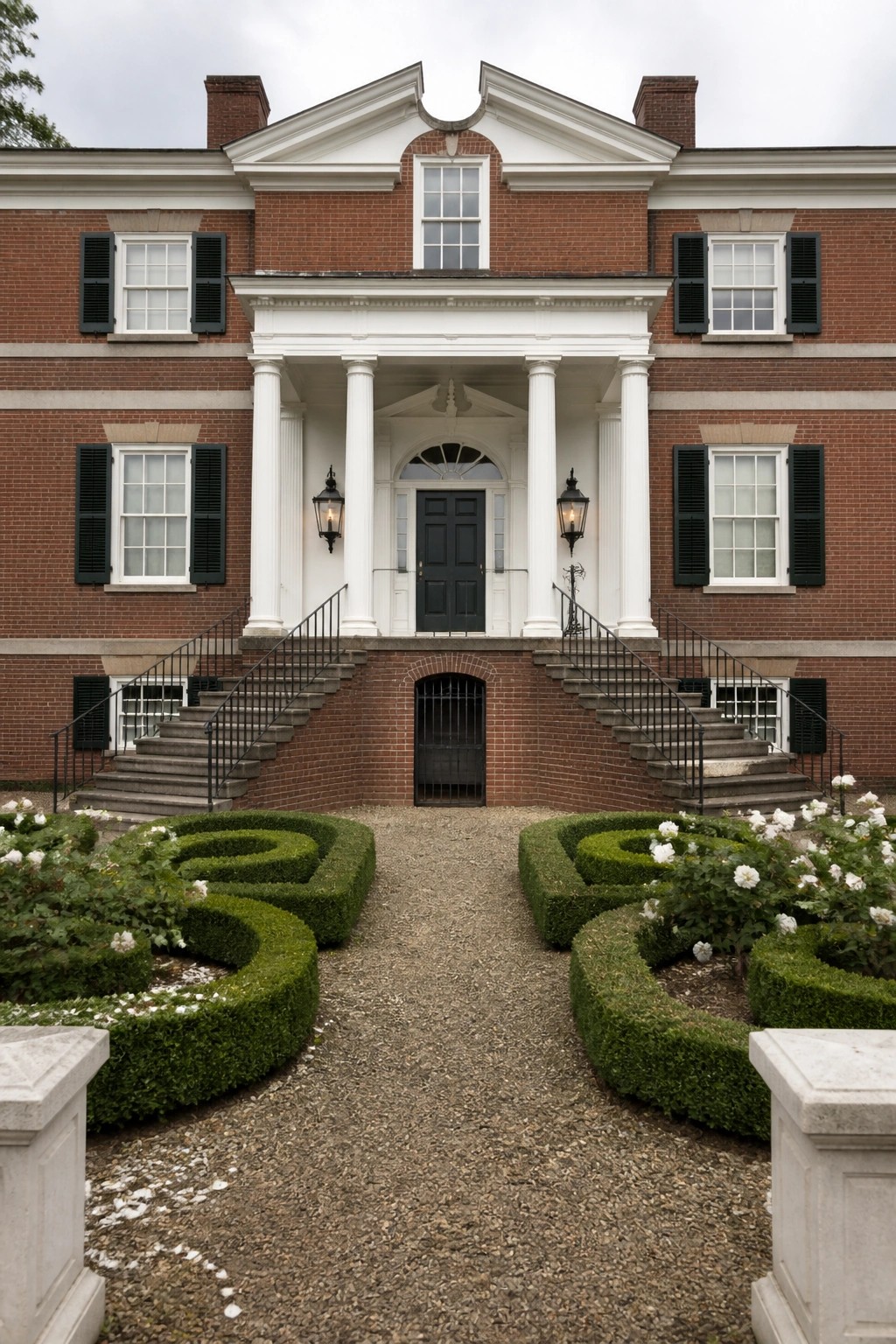 Elegant brick mansion with white columns, twin staircases, and spiral hedge gardens