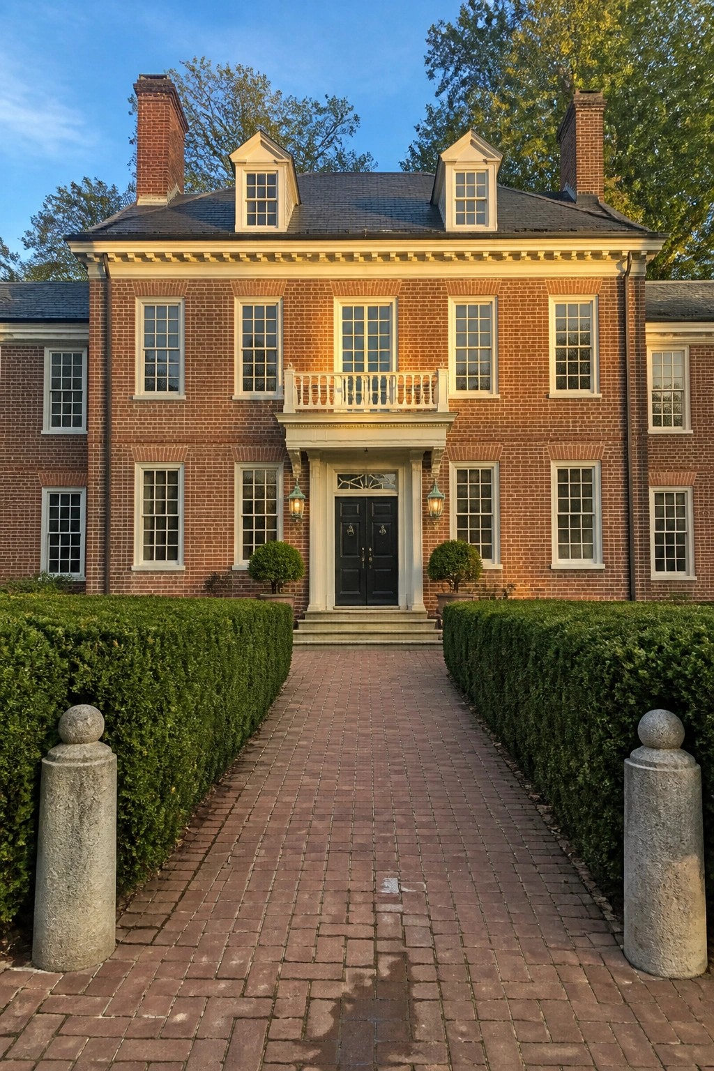 Red brick mansion with columns, double doors, and hedge-lined brick walkway