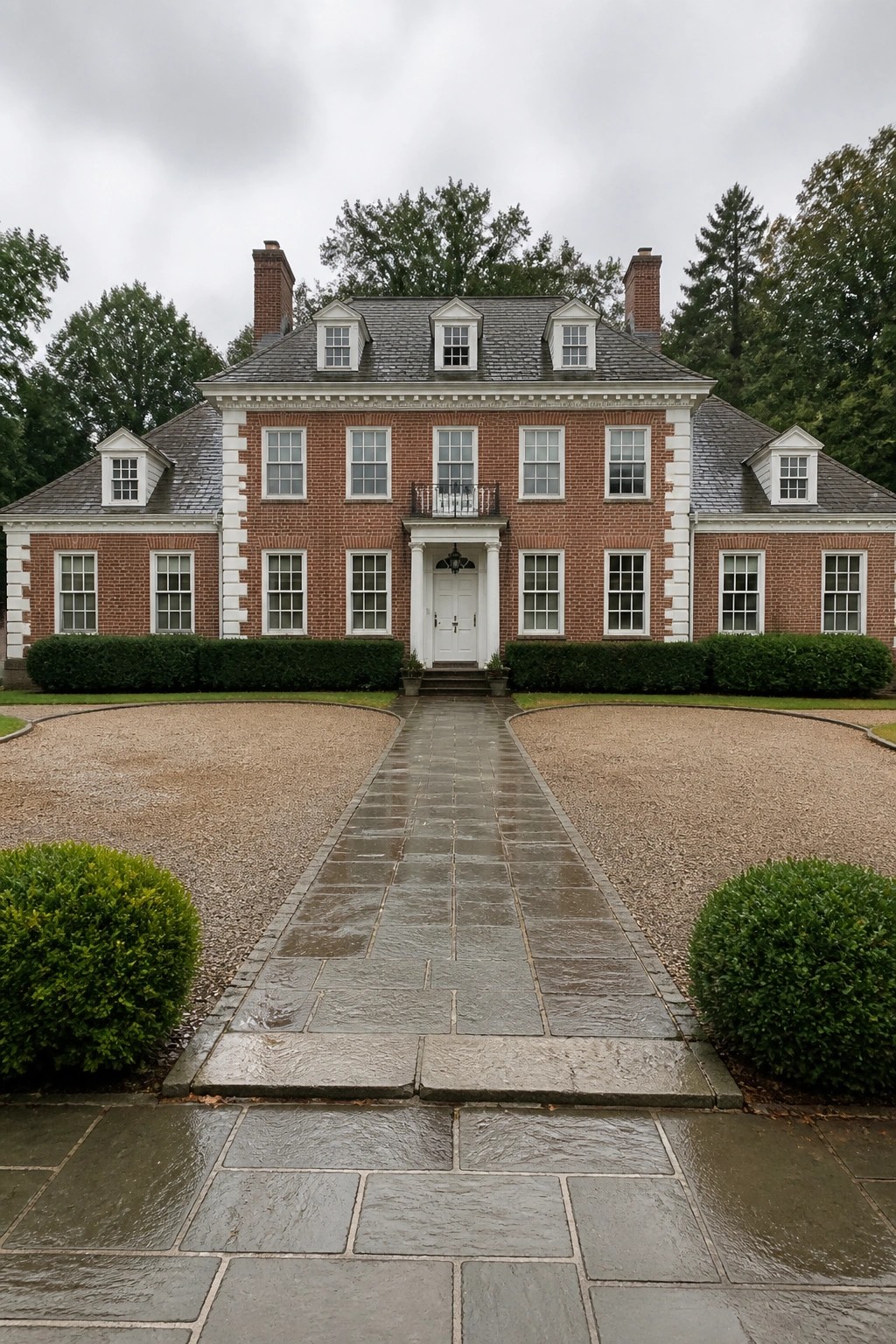 A two-story red brick colonial house with white trim, a central white door, evenly spaced windows on both sides, and a stone path leading through a gravel driveway.