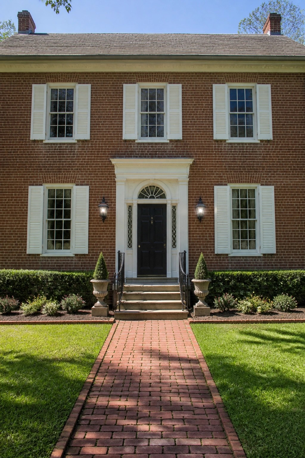 A symmetrical red brick colonial house with a central black door, white columns, and evenly placed windows with white shutters on both floors, approached by a brick walkway.