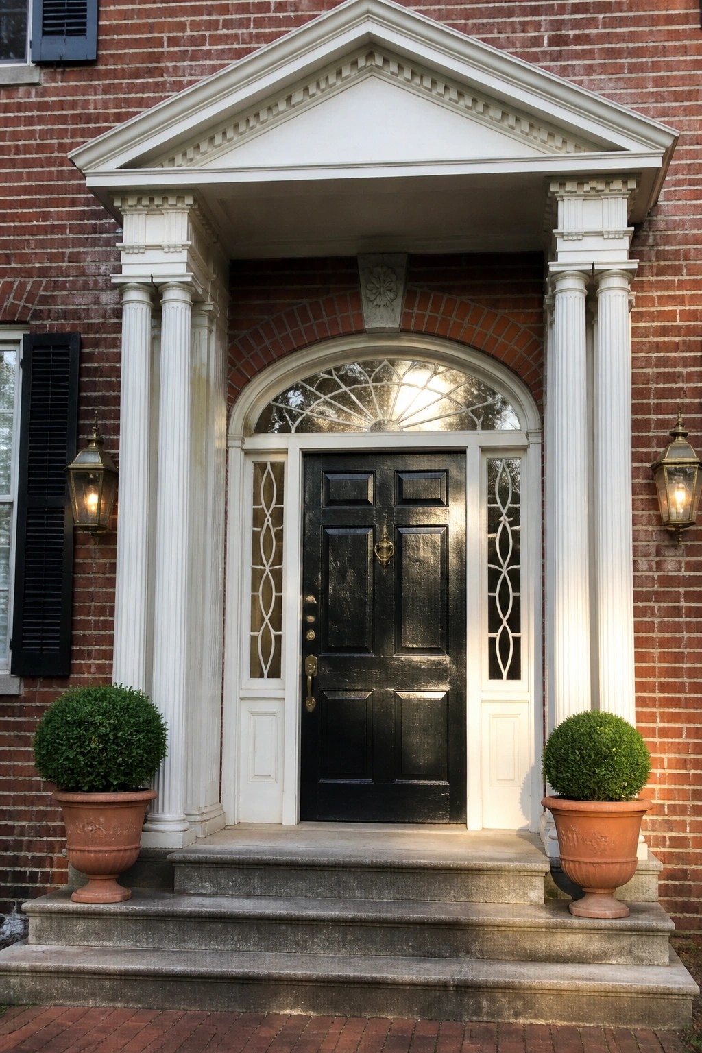 A black paneled door centered beneath a white pediment and flanked by tall white columns on a red brick colonial home, with two matching potted shrubs on the front steps.