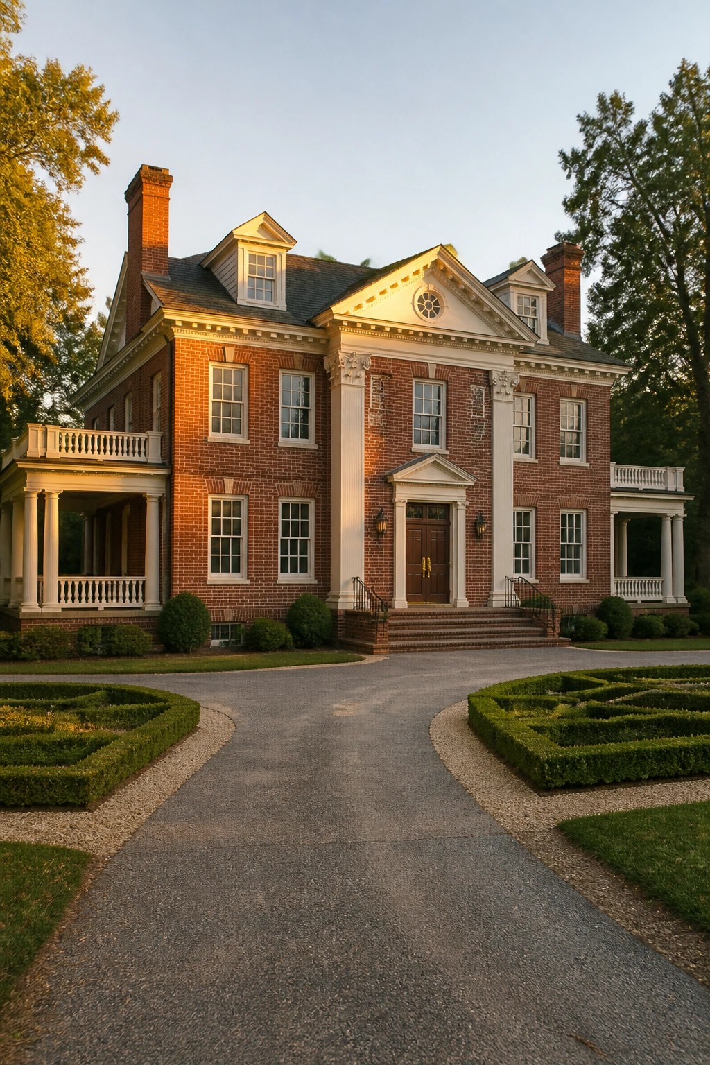 A red brick colonial house with a centered front door, white columns, pediment, and evenly spaced windows on both sides of the entrance.