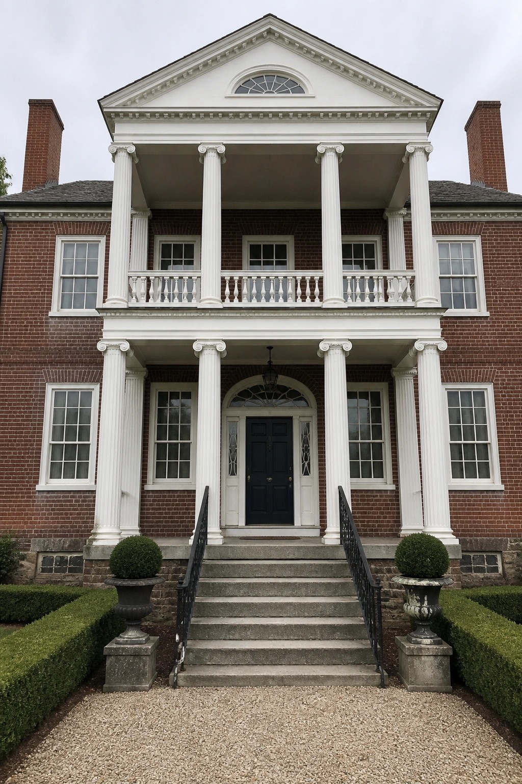 Front view of a red brick colonial house with a white two-story portico, centered dark door, and symmetrical windows on both floors.