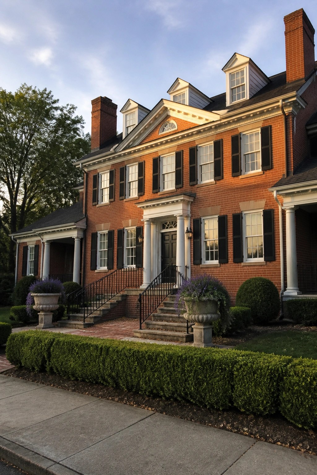 A red brick colonial house facade showing a centered entrance with white columns, evenly spaced windows with black shutters on both sides, and brick chimneys.