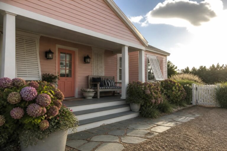 A single-story pink house with white trim, columns, and a red door, seen from a stone path beside a large potted plant.