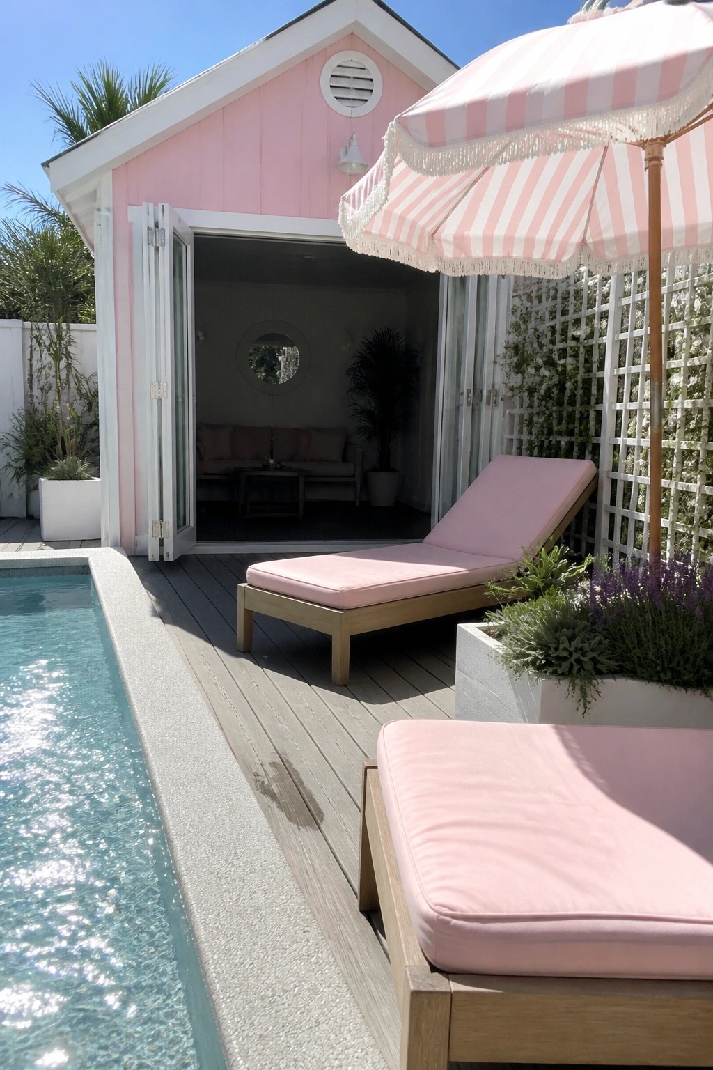 Pink lounge chairs on deck beside pool and open pink pool house