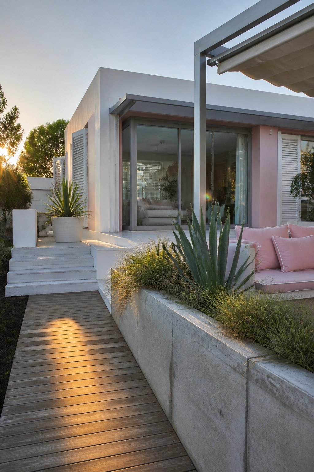 Modern white and pink house with pink patio cushions, concrete planters, and wooden deck at sunset