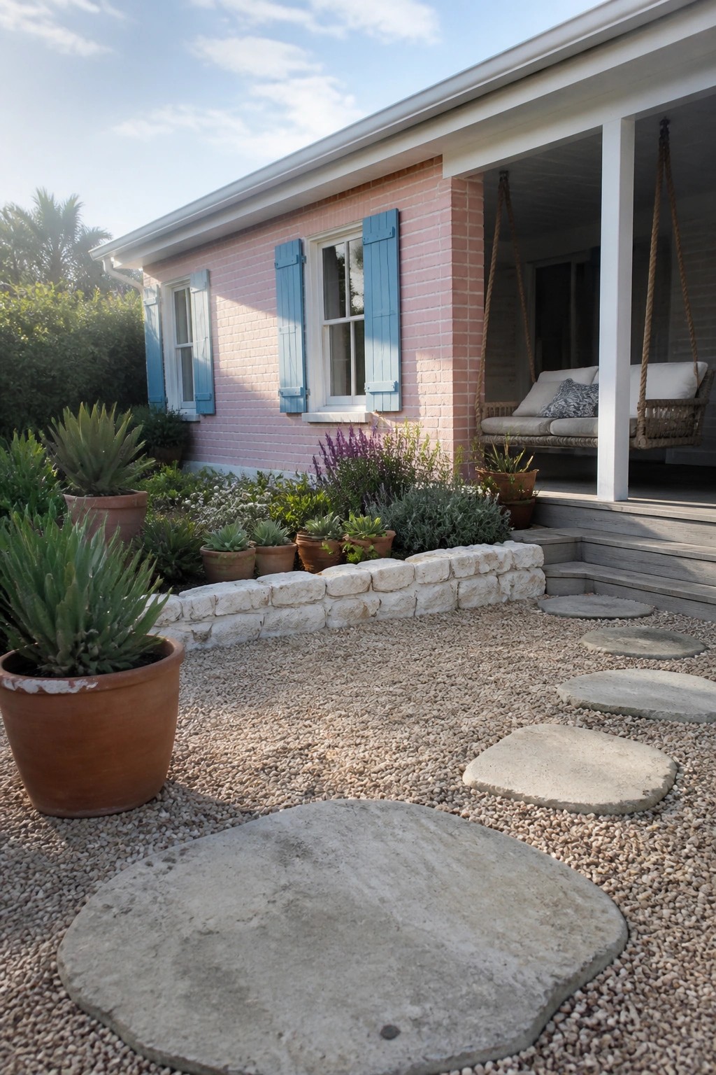 Pink brick house with blue shutters, porch swing, potted plants, and gravel stepping stones.
