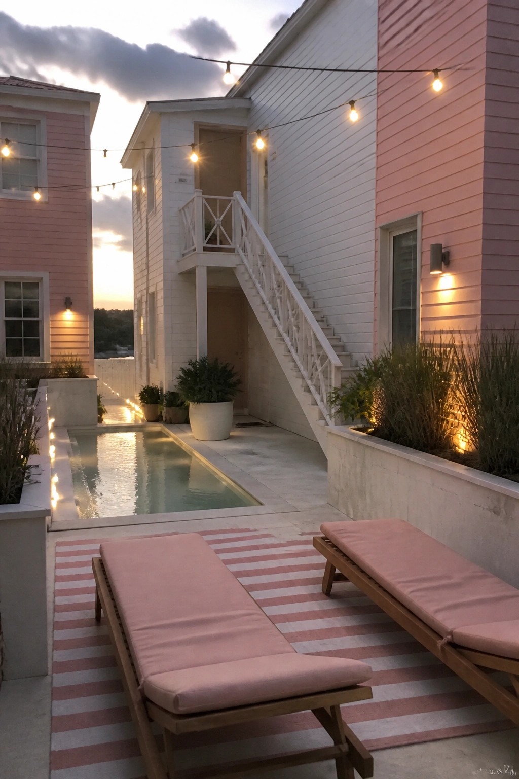 Pink lounge chairs on striped rug by lit pool in pink house courtyard