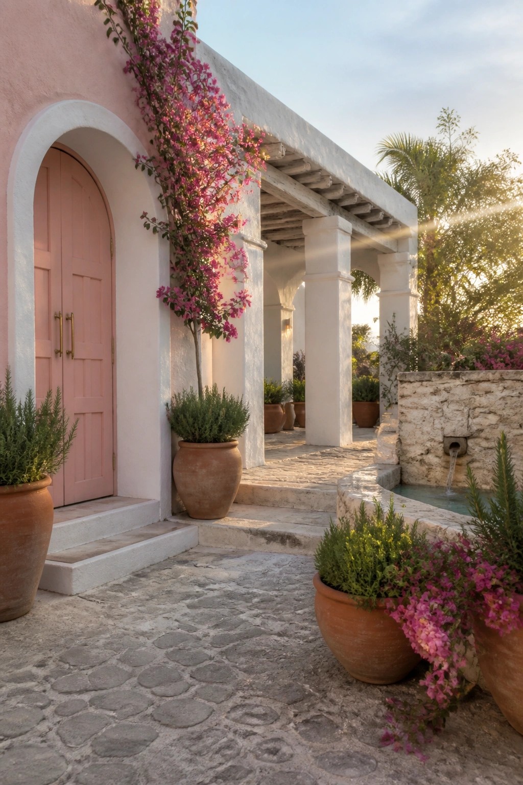 A pink arched door set in a white stucco wall with climbing pink bougainvillea, terracotta pots, and a stone fountain along a cobblestone walkway.