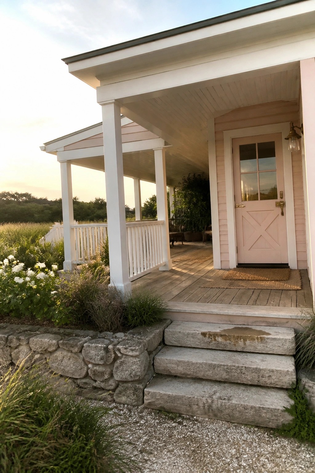 Pink door on white porch with stone steps, wooden deck, and white flowers.