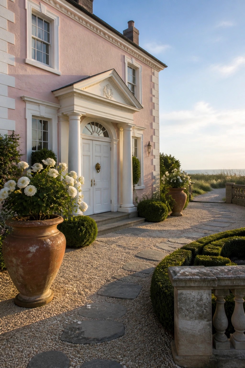A pink stucco house with white trim, columns, and double doors, set beside a gravel path with large terracotta pots and coastal landscaping.