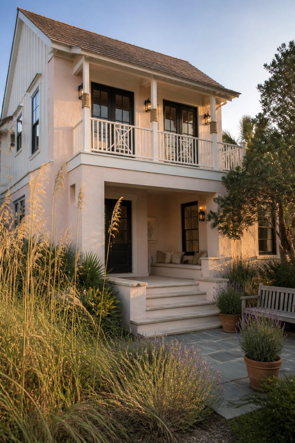 A two-story pink stucco house with white trim, black windows, a front porch with steps, and coastal landscaping including grasses and potted plants.