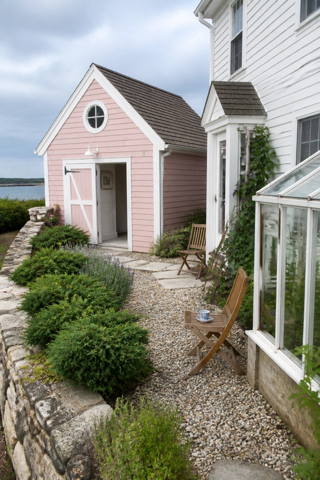 Pink cottage with open door beside white house, wooden chairs on gravel garden path