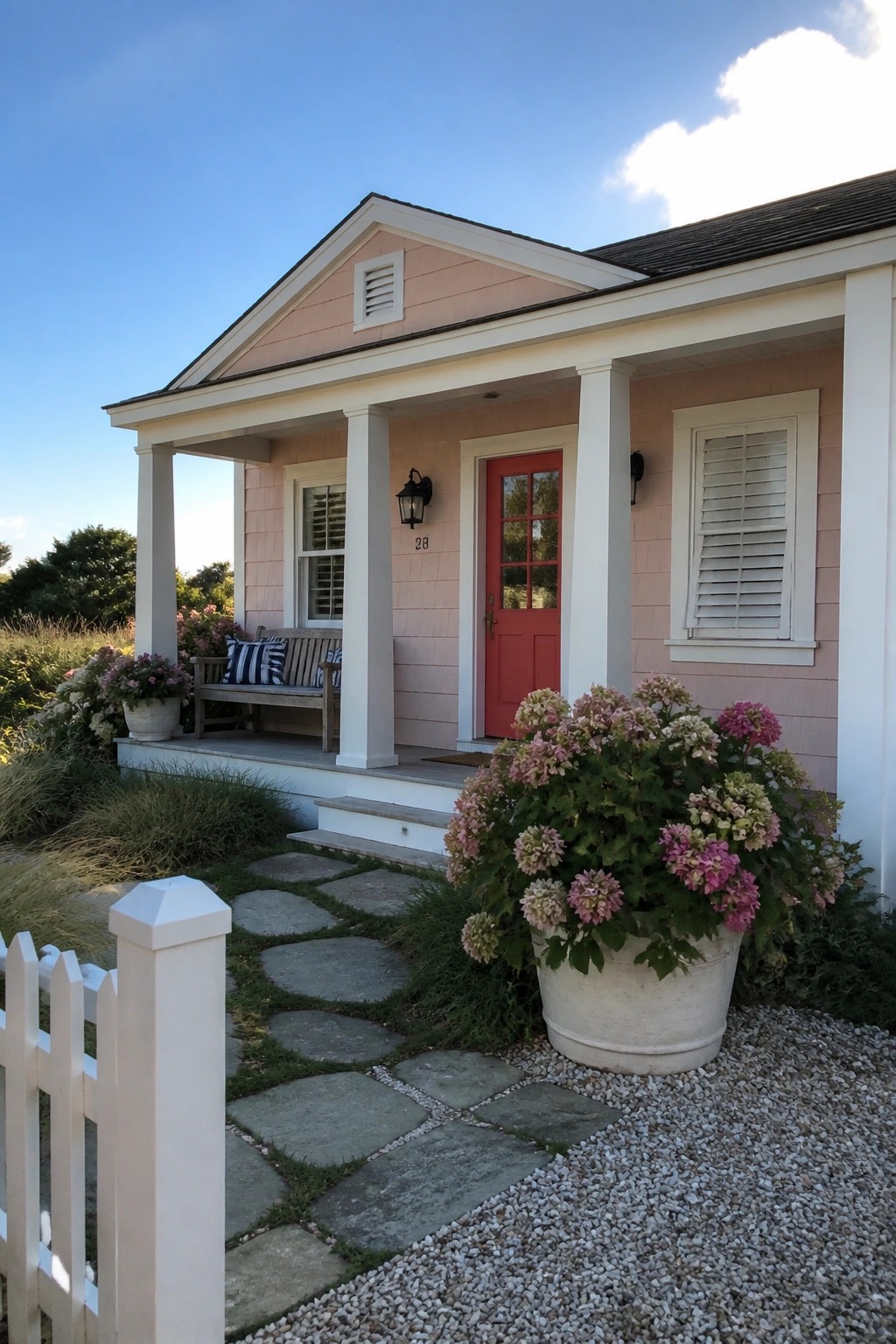 A single-story pink house with white trim, columns, and a red door, seen from a stone path beside a large potted plant.
