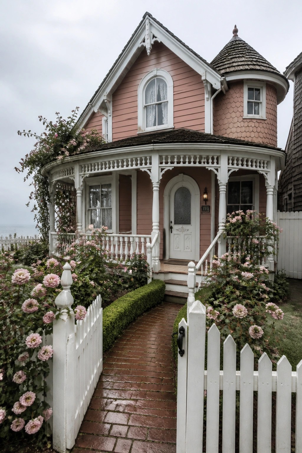 Pink Victorian cottage with white trim, turret, roses, picket fence, and brick path.