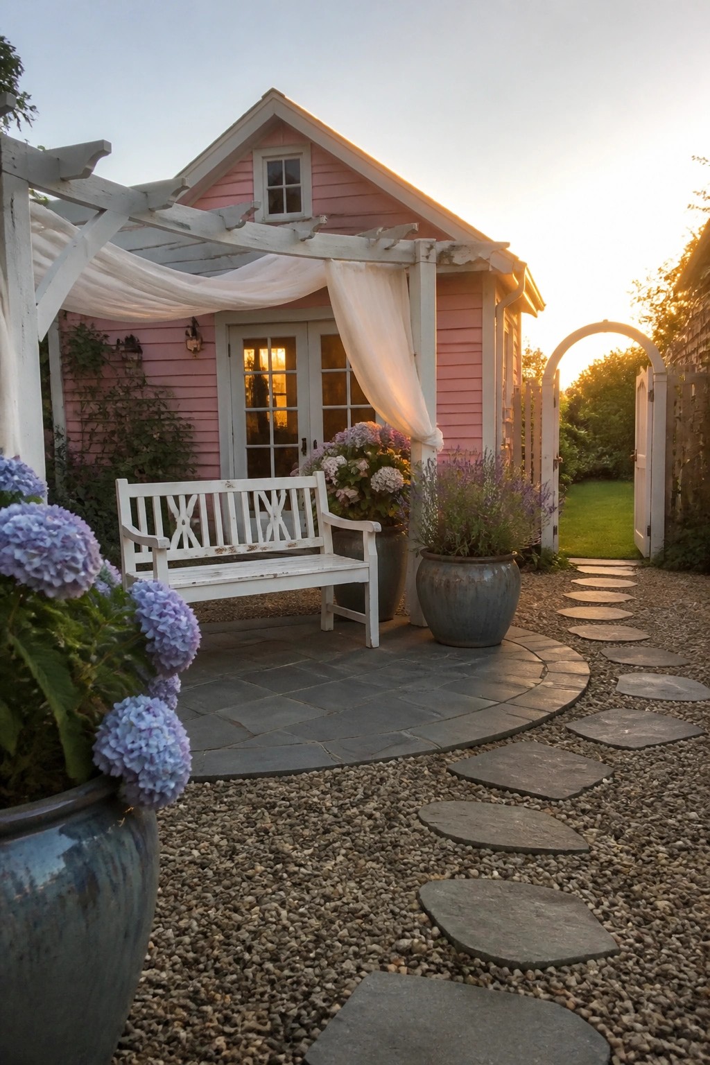 A pink house with white trim shows a white bench on a stone patio, large blue pots with flowers, a white pergola with draped fabric, and a gravel path of stepping stones leading toward an open gate.
