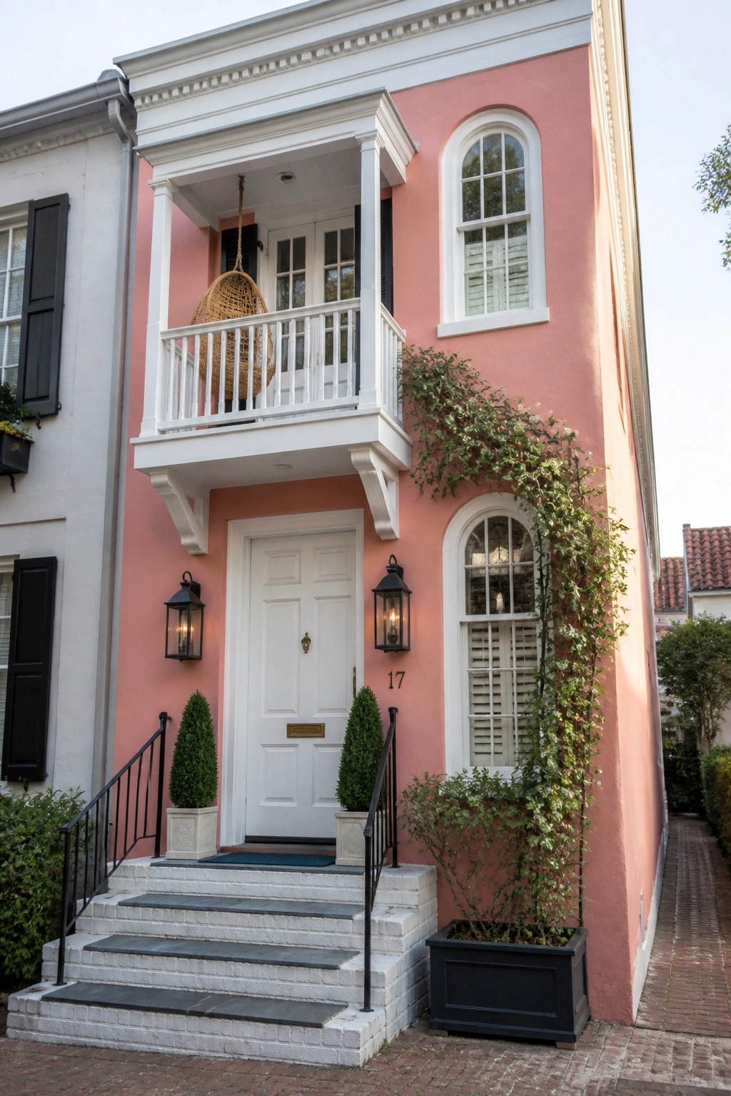 A two-story pink house with white trim, a second-floor balcony, white front door, and steps leading to the entrance.