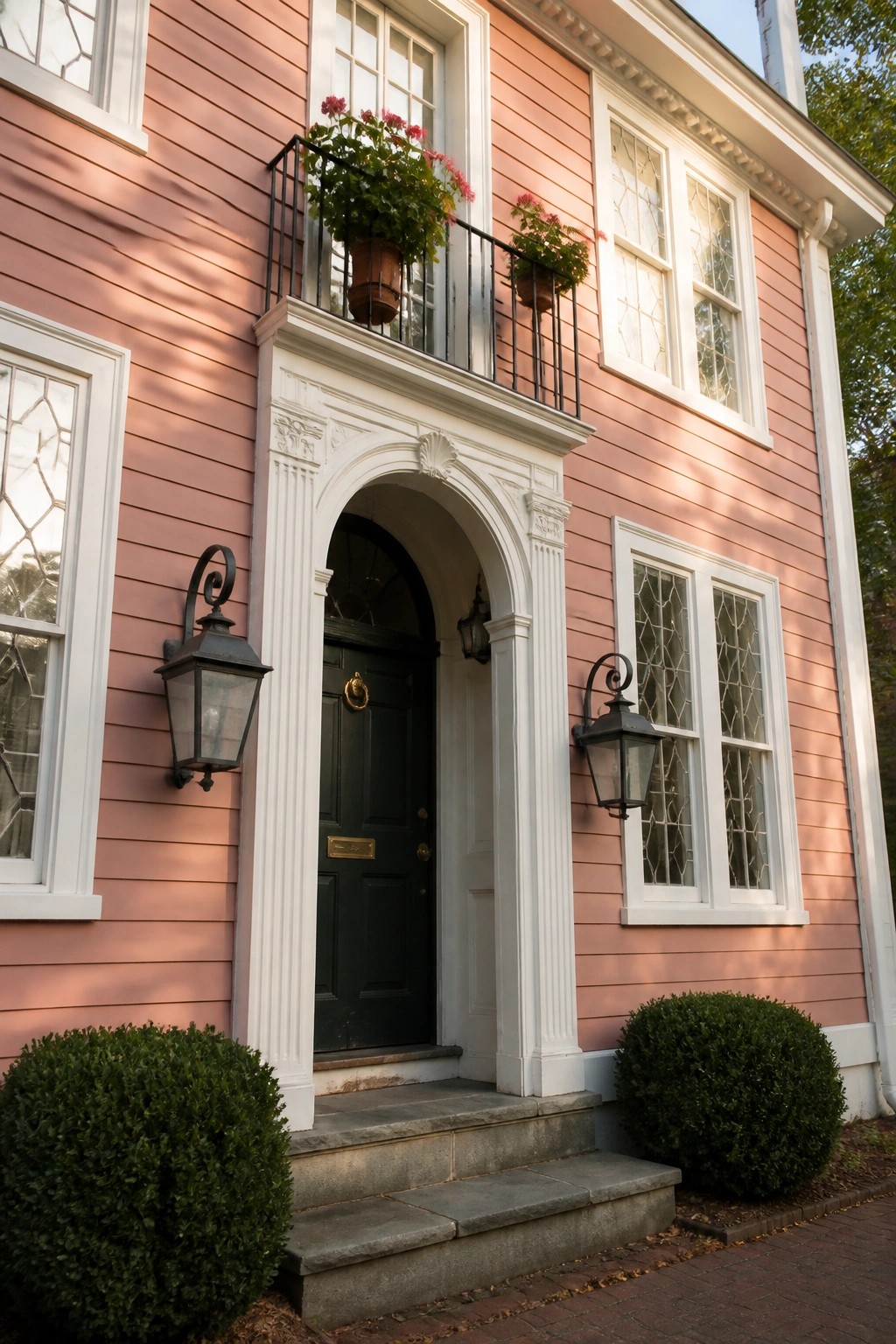 Pink house with arched white doorway, dark green door, black lanterns and potted flowers.