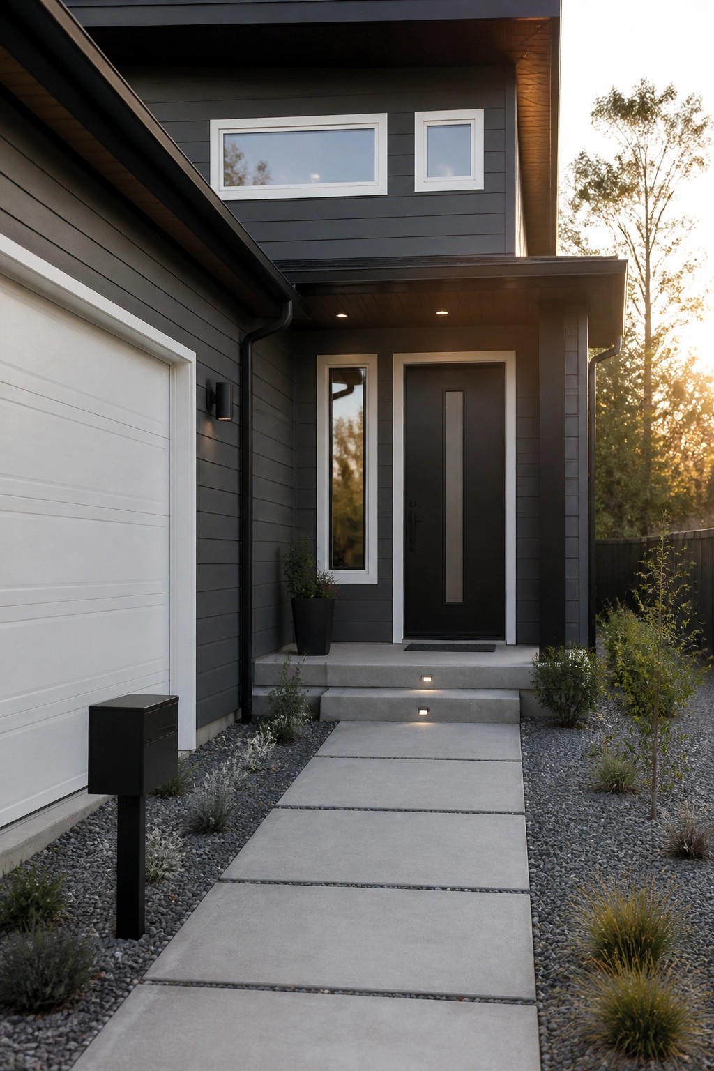 Modern house exterior featuring dark charcoal gray siding paired with white trim.